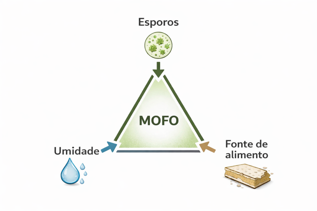 Triângulo do crescimento do mofo mostrando esporos, umidade e fonte de alimento como fatores necessários para o mofo crescer